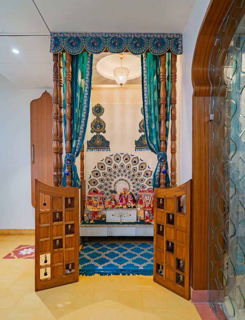 The Peacock Threshold — Teal Embroidered Mandir Drapes