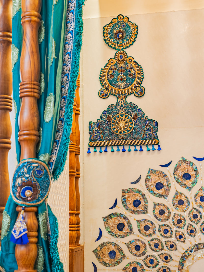 The Peacock Threshold — Teal Embroidered Mandir Drapes