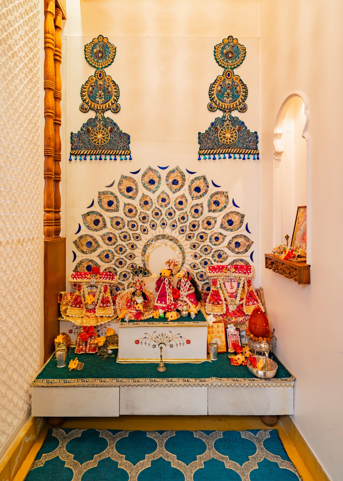The Peacock Threshold — Teal Embroidered Mandir Drapes
