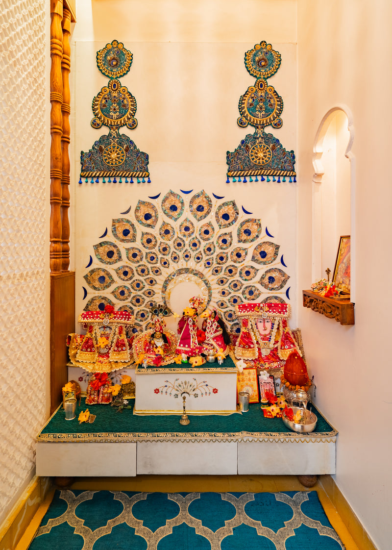 The Peacock Threshold — Teal Embroidered Mandir Drapes