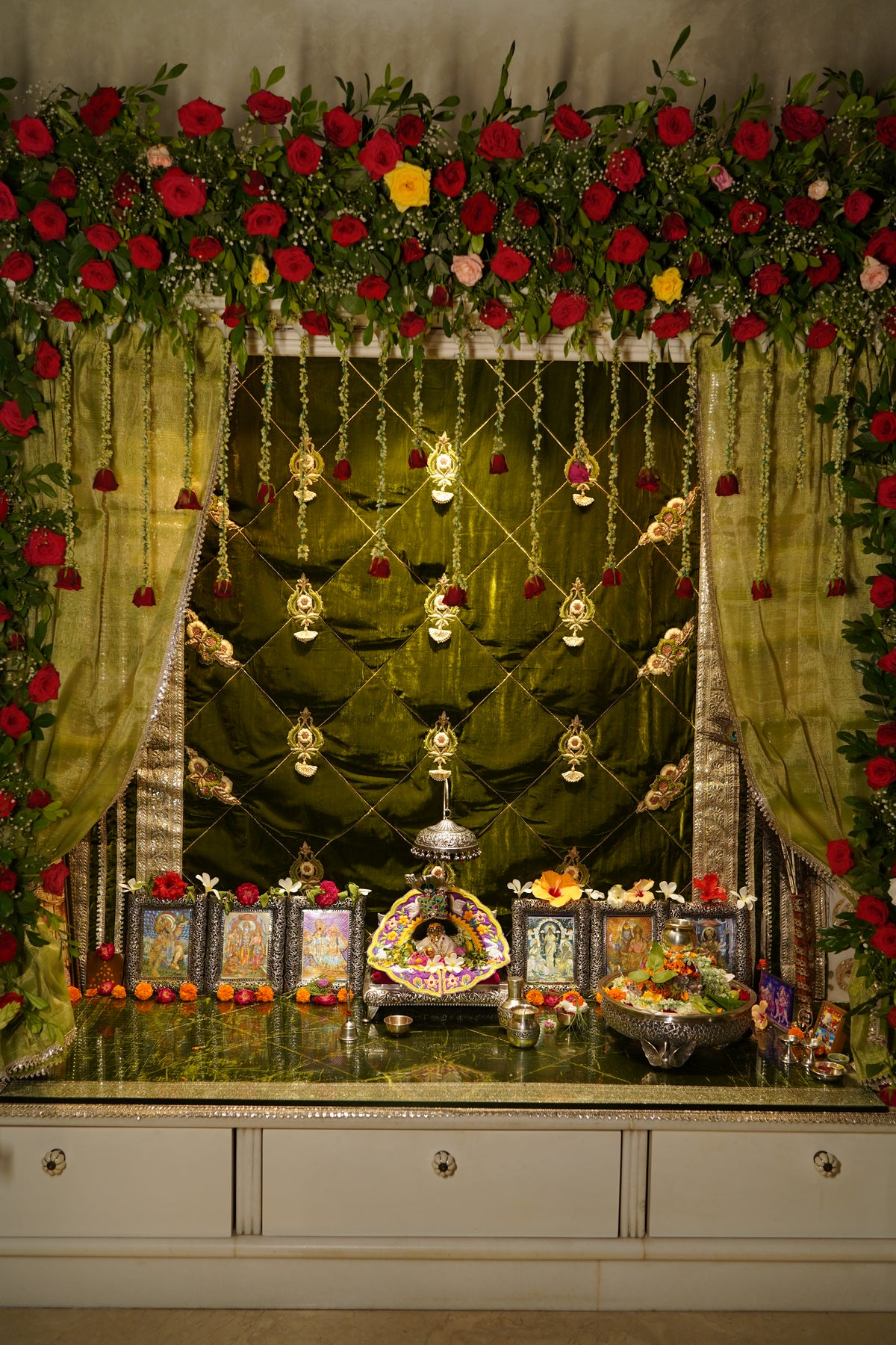 The Gilded Bloom- Olive Velvet Mandir Decor 