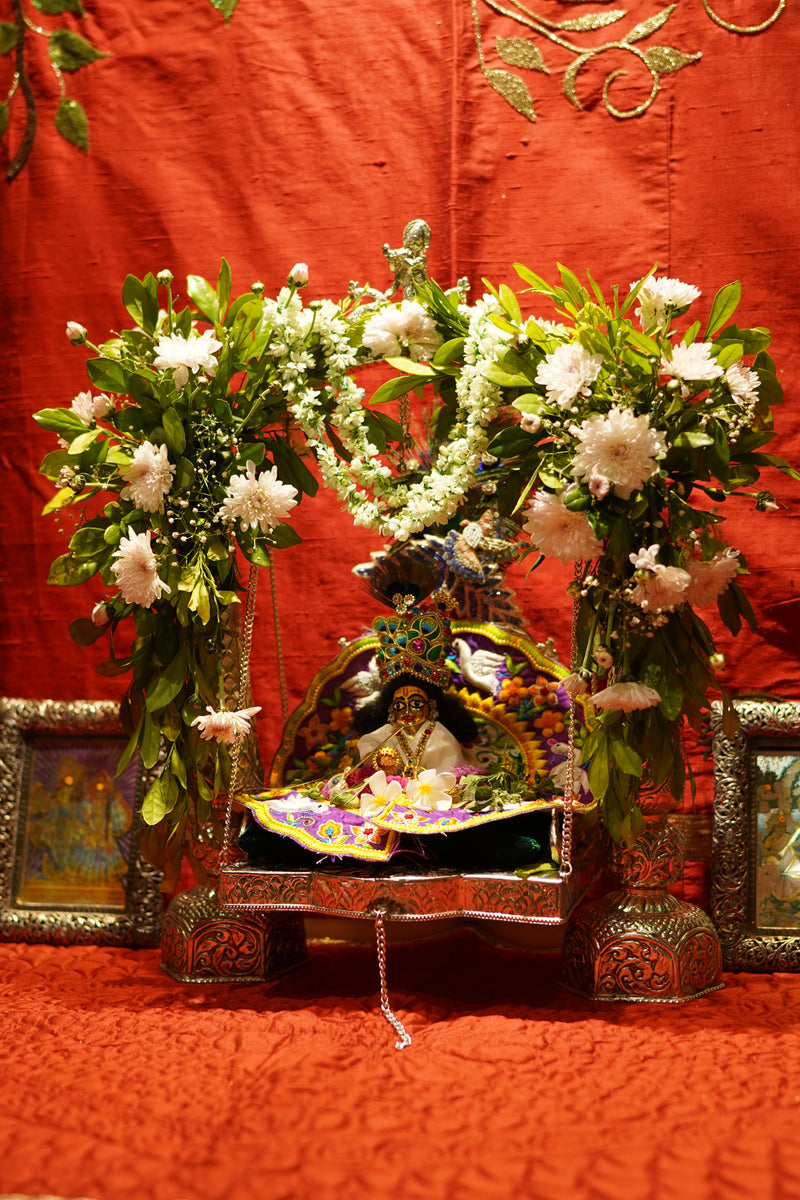 The Peacock’s Perch Mandir - Zardozi Embroidery on Red Silk 