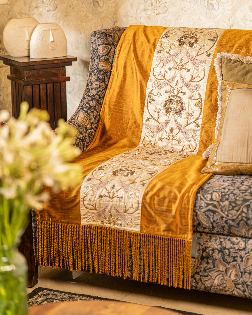 Beige-Gold Floral Embroidered Throw