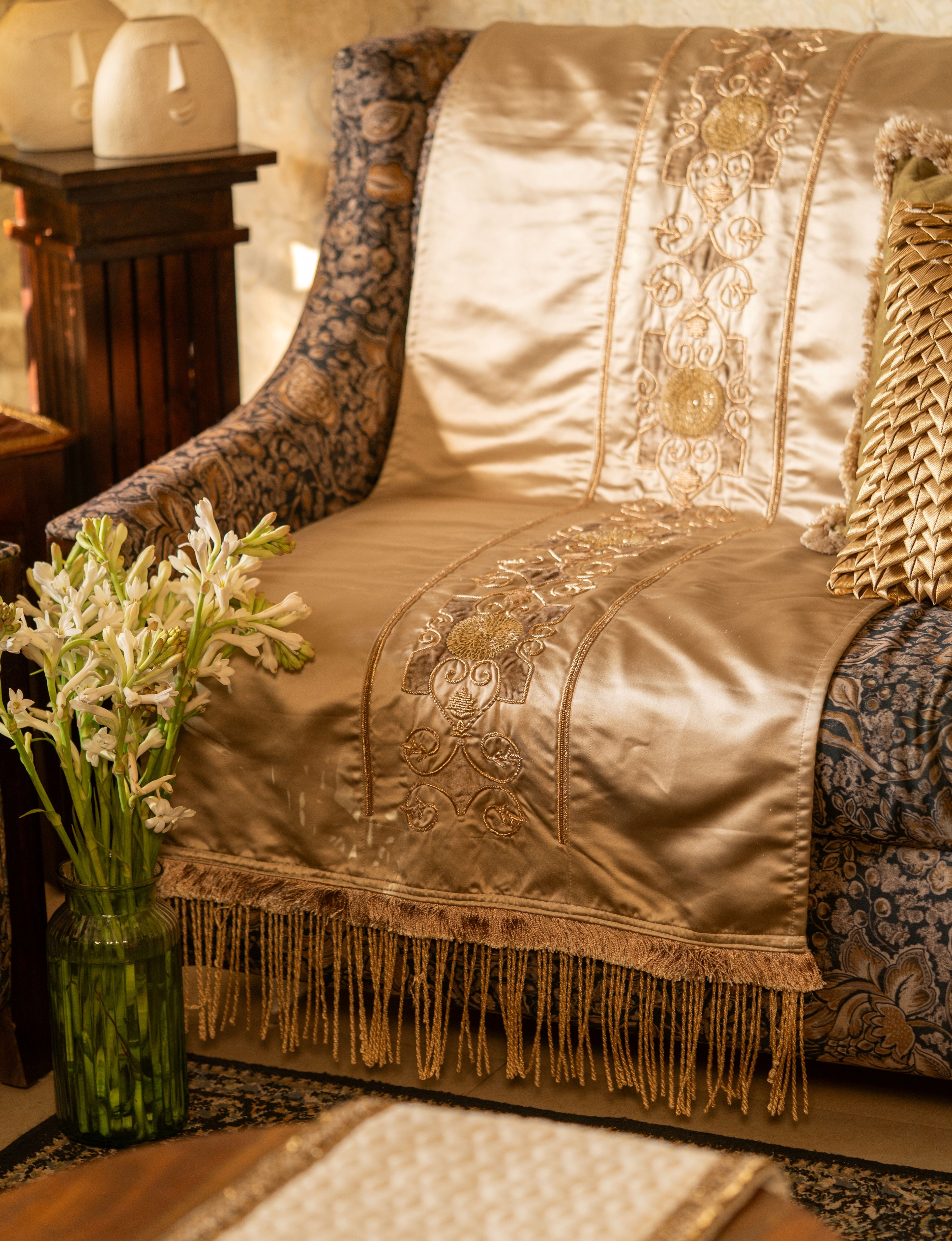 Gold Satin Botanical-Embroidered Throw