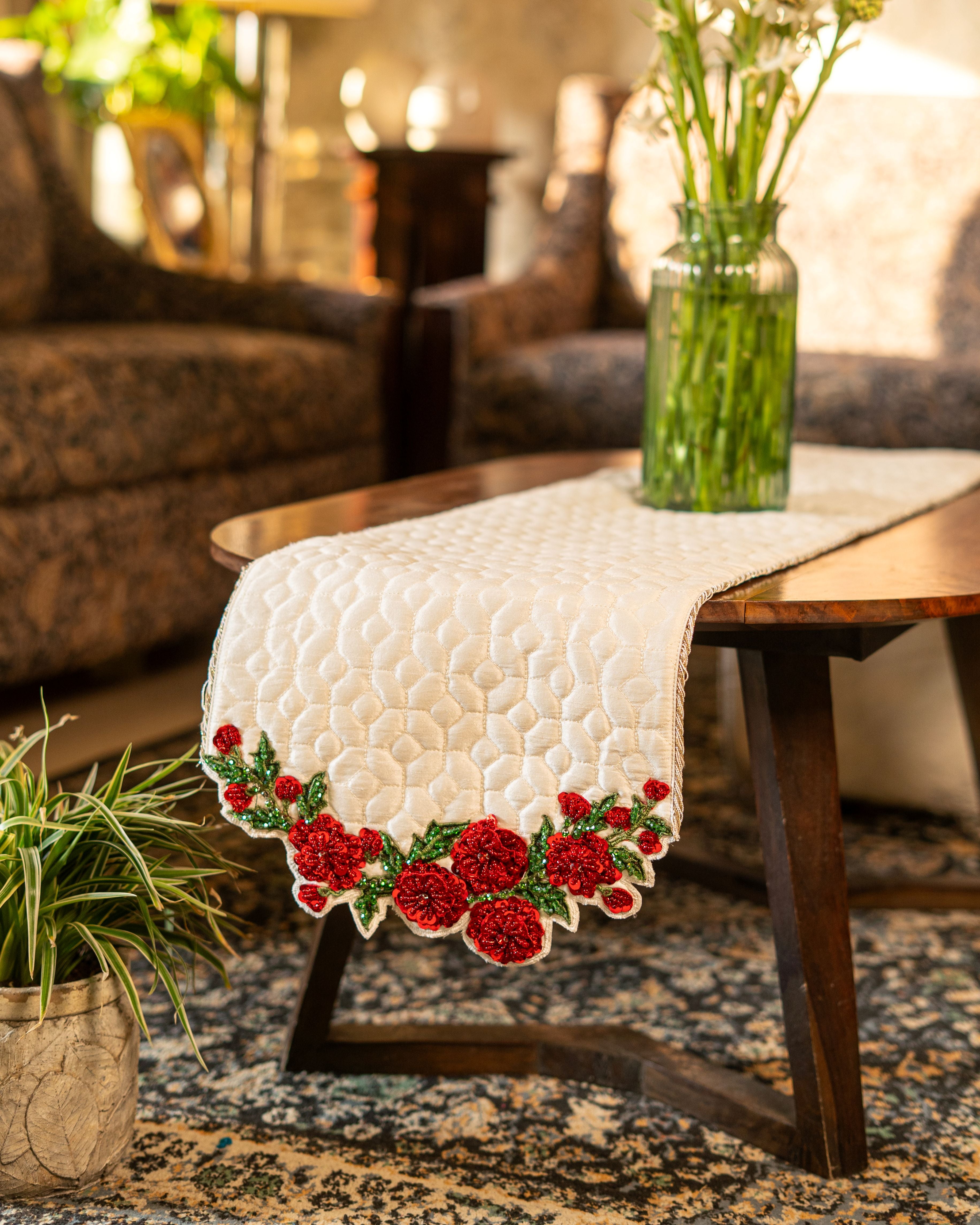 Ivory Rose-Embroidered Quilted Runner