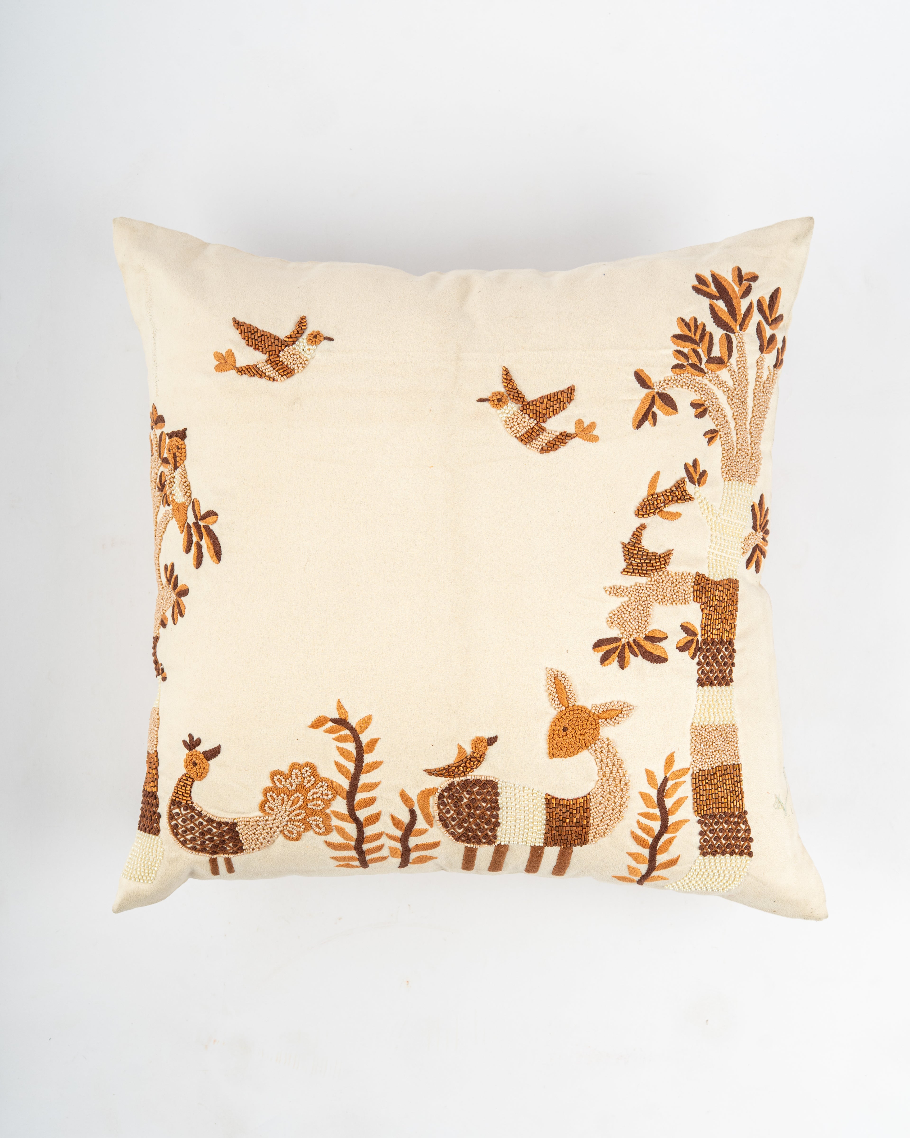 Folk Birds Embroidered Cushion Cover