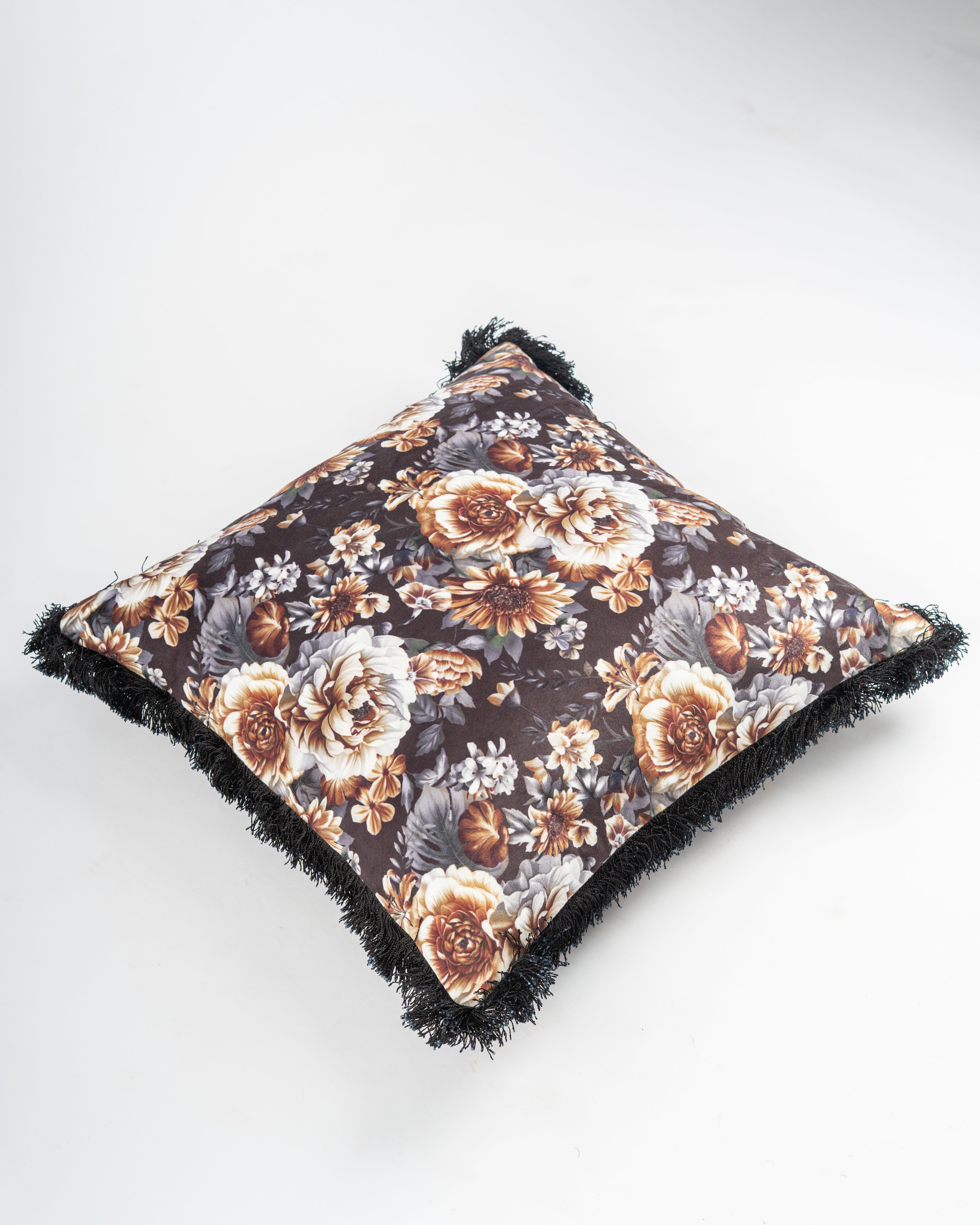 Dark Floral Fringe Cushion Cover