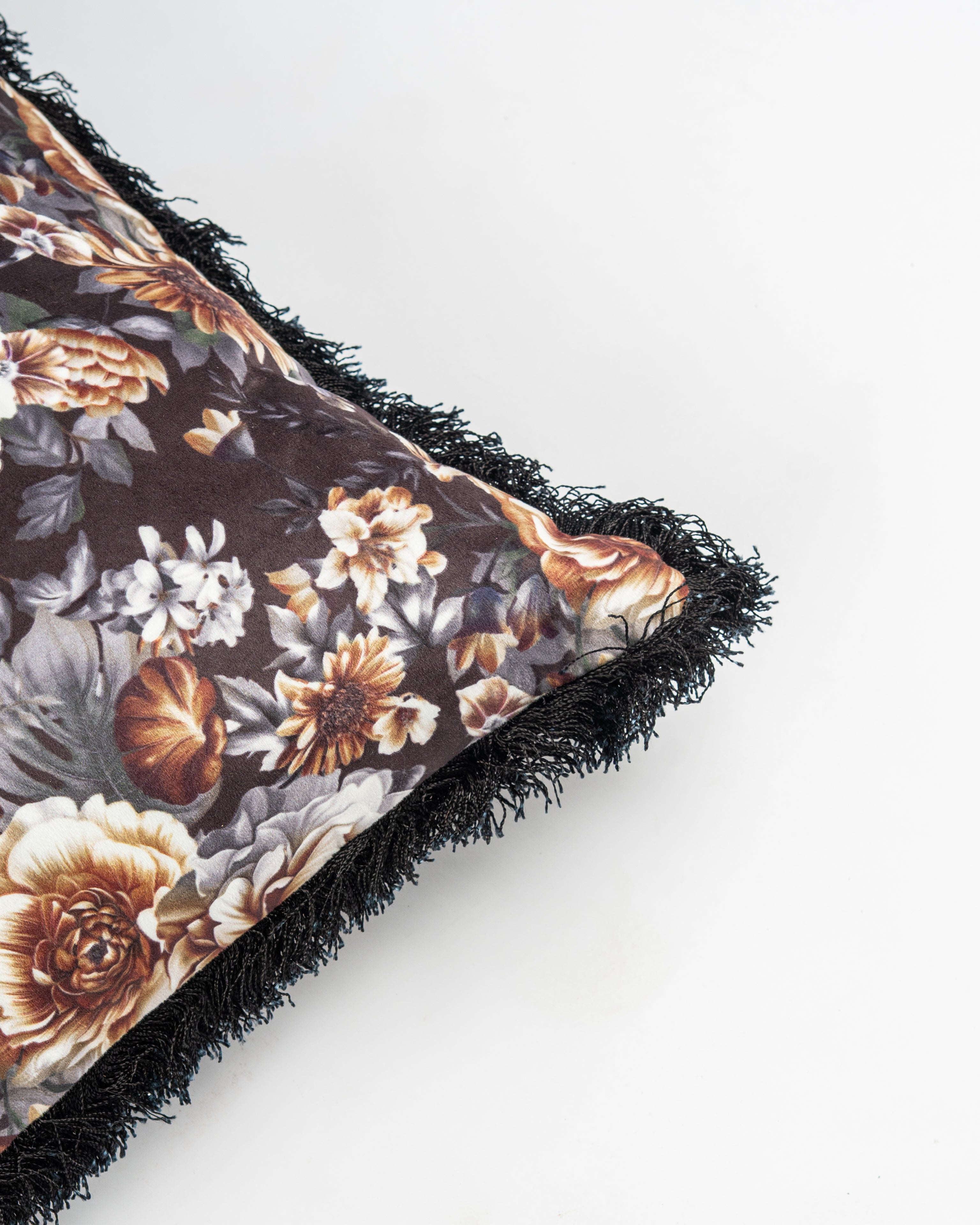 Dark Floral Fringe Cushion Cover