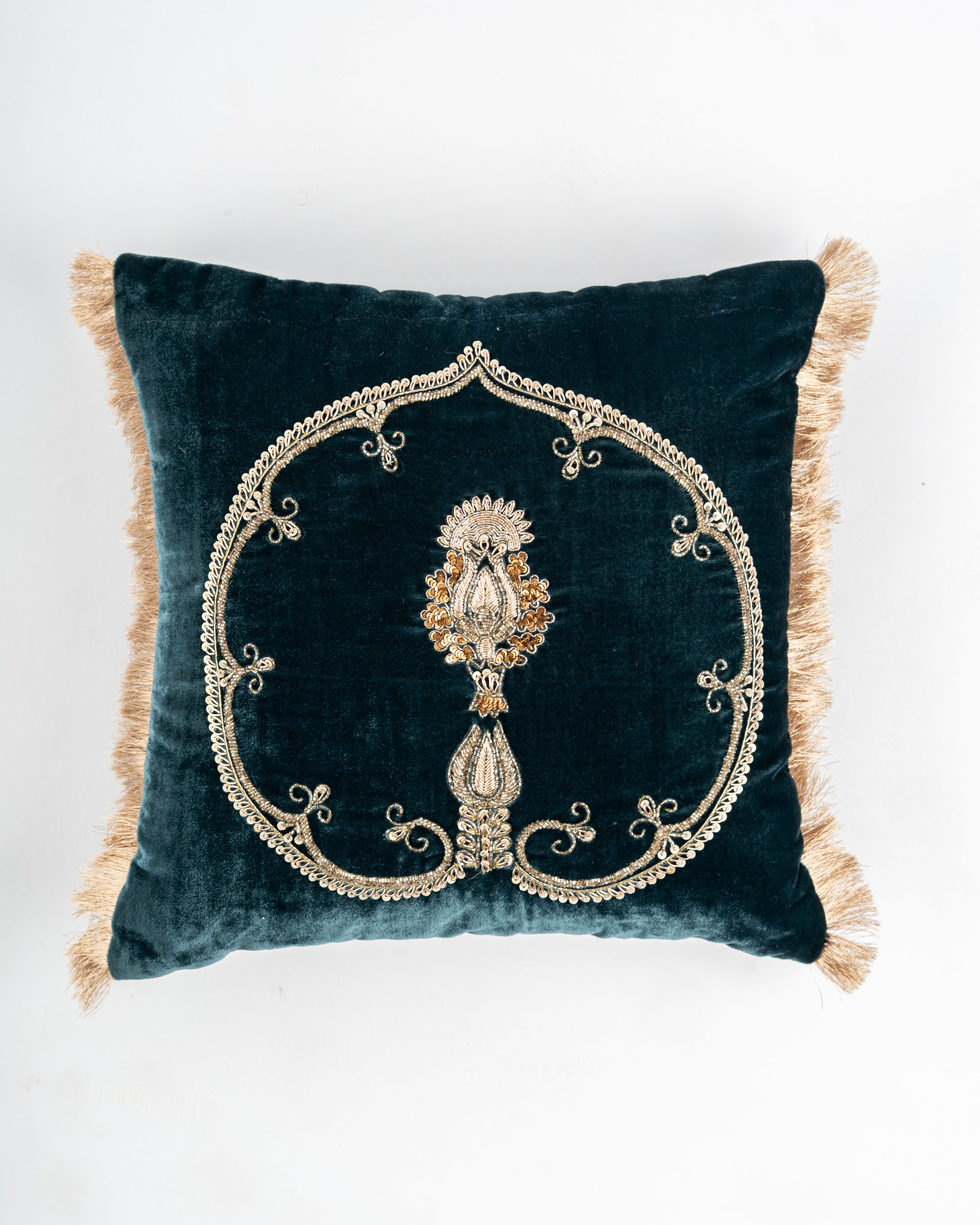 Regal Teal Zardozi Cushion Cover