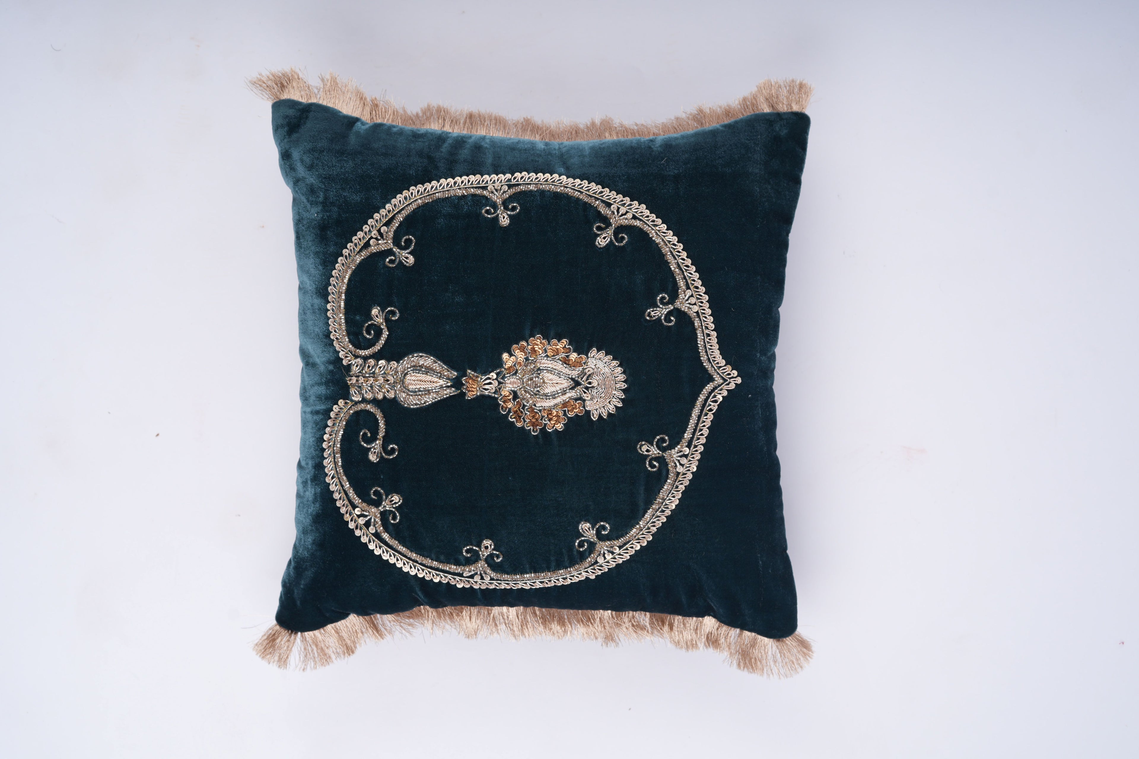 Regal Teal Zardozi Cushion Cover