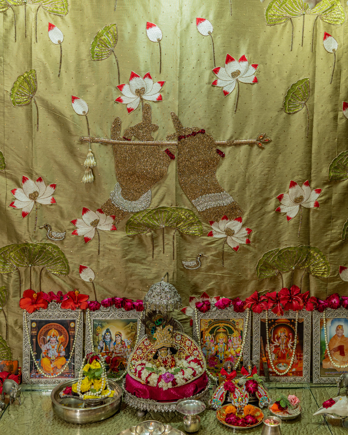 The Bansuri and Lotus- Hand Embroidered Mandir Curtain 