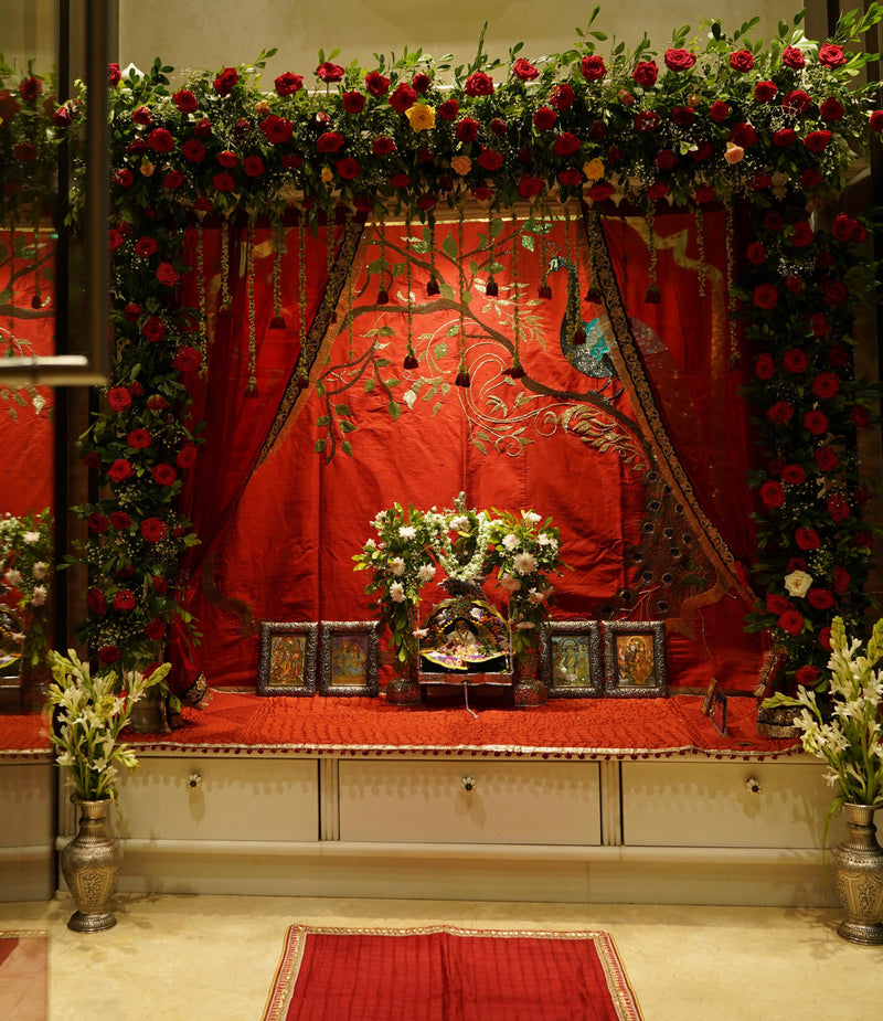 The Peacock’s Perch Mandir - Zardozi Embroidery on Red Silk 
