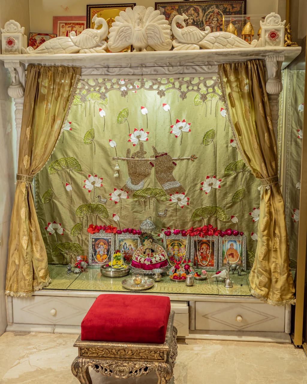 The Bansuri and Lotus- Hand Embroidered Mandir Curtain 