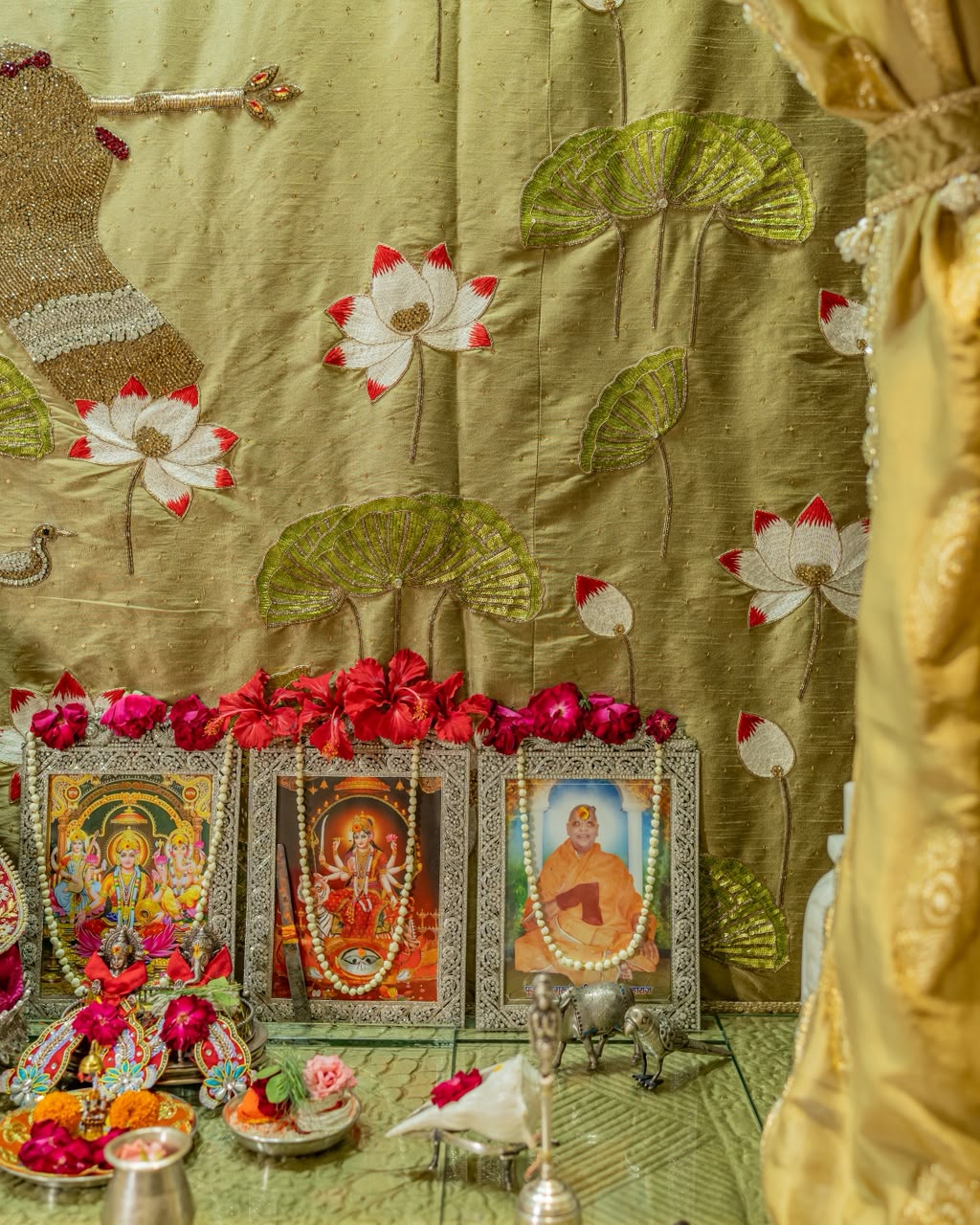 The Bansuri and Lotus- Hand Embroidered Mandir Curtain 