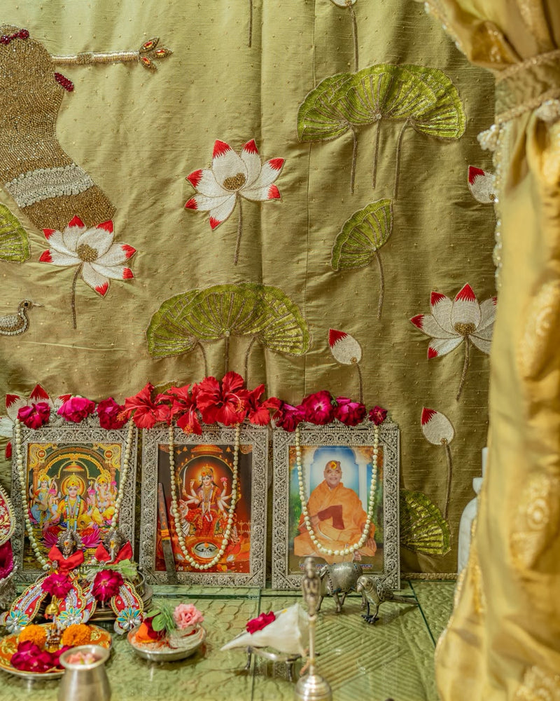 The Bansuri and Lotus- Hand Embroidered Mandir Curtain 