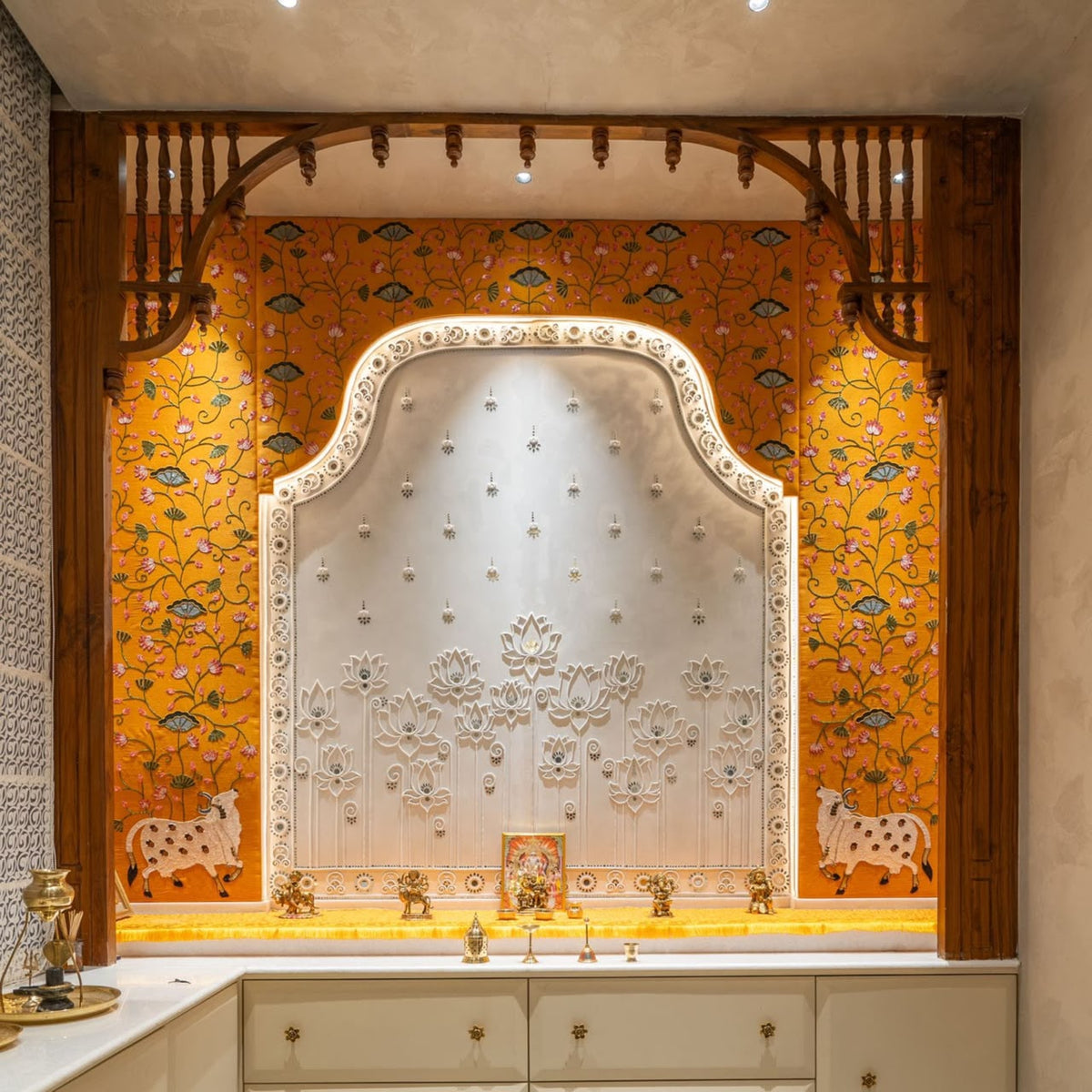 The Lotus & Cow Panel — Hand-Embroidered Mandir Decor