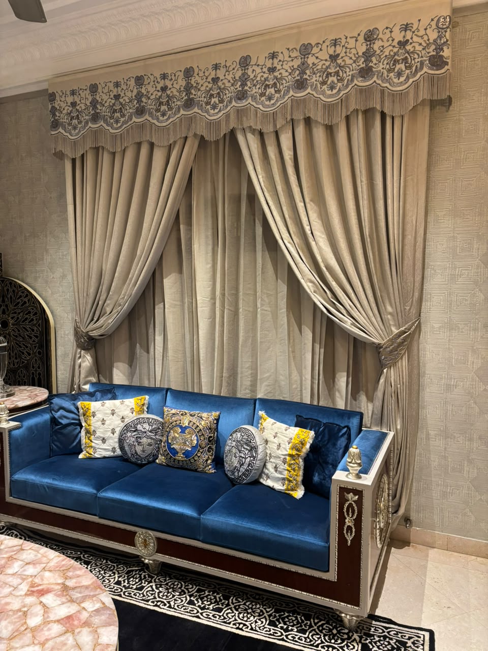 The Taupe Pelmet — Embroidered Curtain Drapes with Fringe