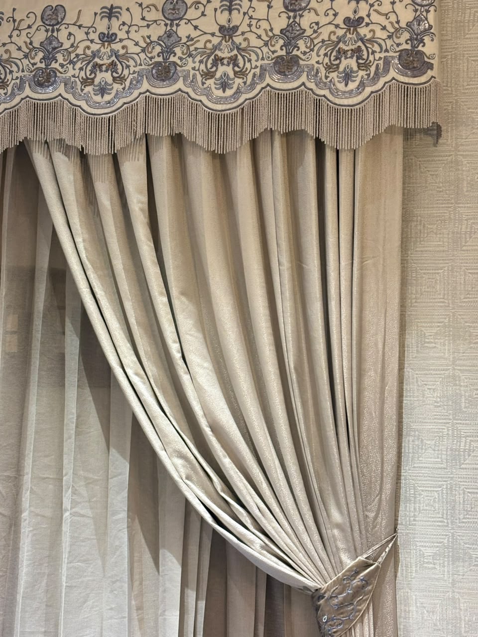The Taupe Pelmet — Embroidered Curtain Drapes with Fringe