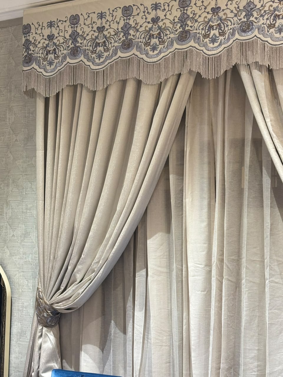 The Taupe Pelmet — Embroidered Curtain Drapes with Fringe