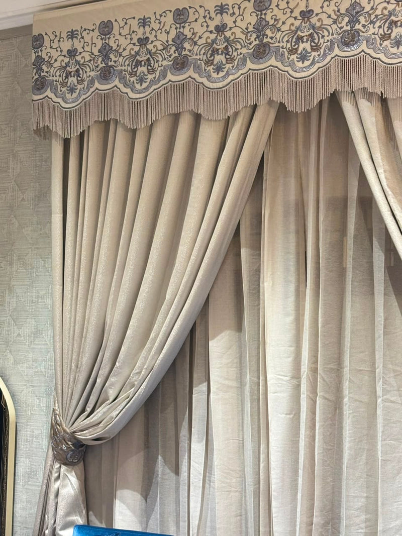 The Taupe Pelmet — Embroidered Curtain Drapes with Fringe