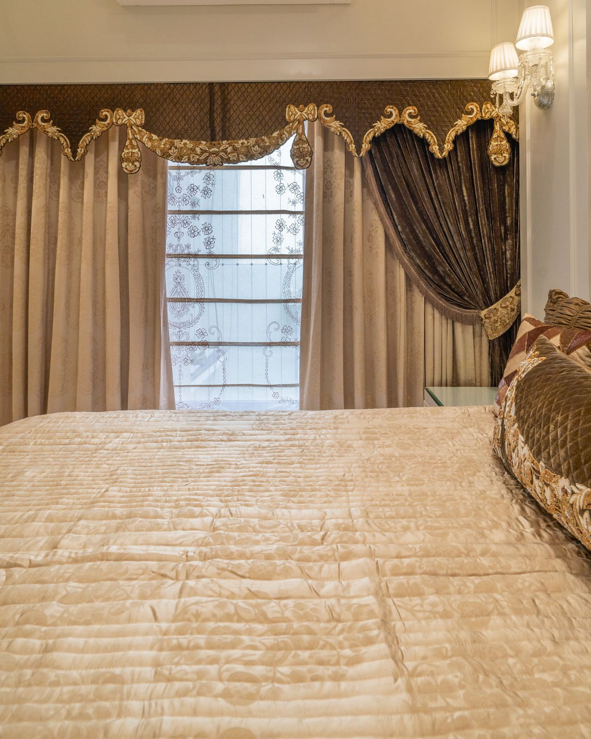 The Olive & Gold Bow — Embroidered Pelmet & Curtains