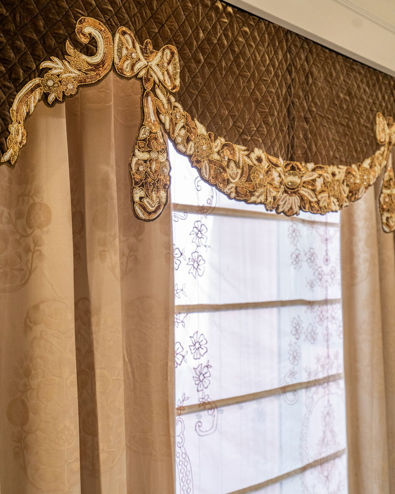 The Olive & Gold Bow — Embroidered Pelmet & Curtains