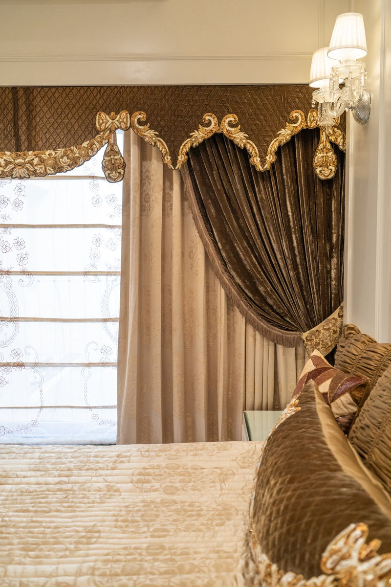The Olive & Gold Bow — Embroidered Pelmet & Curtains